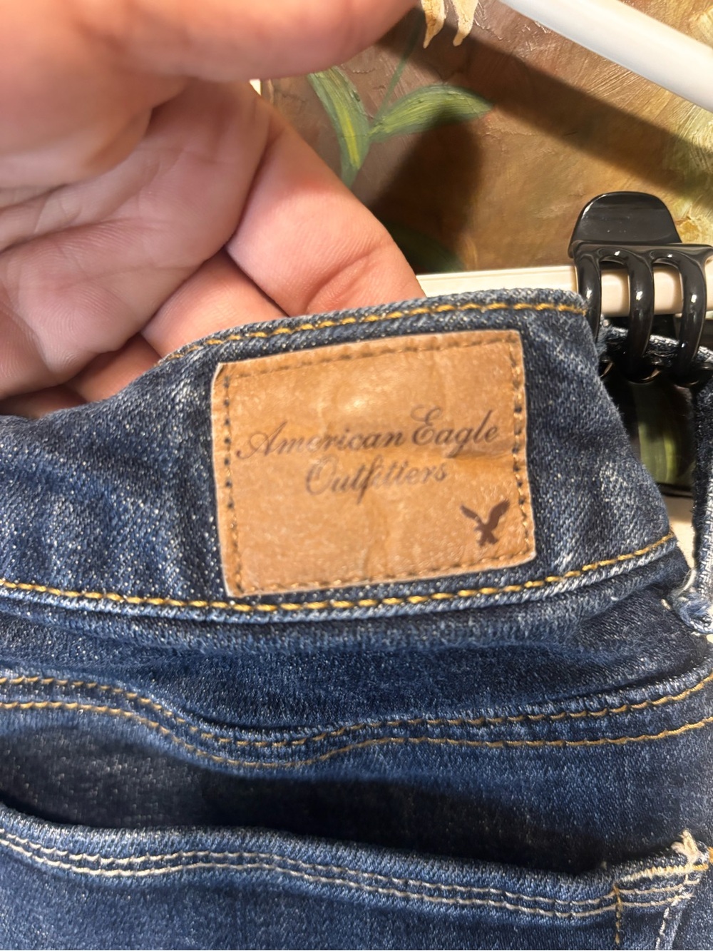 American Eagle Outfitters Blue Denim Jeans with Tan Leather Patch